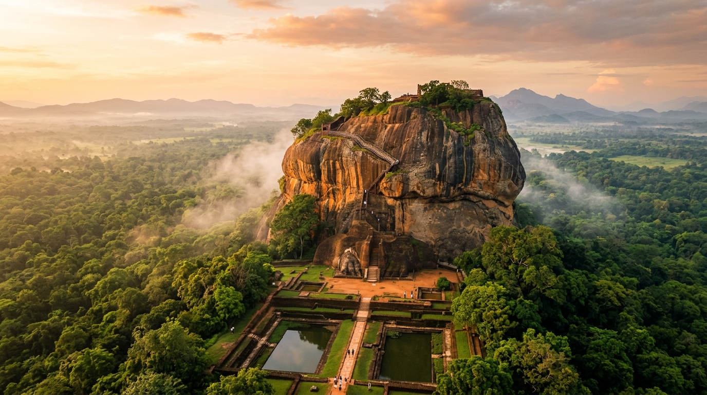 5th-century ancient Lion Rock rising above emerald rainforest