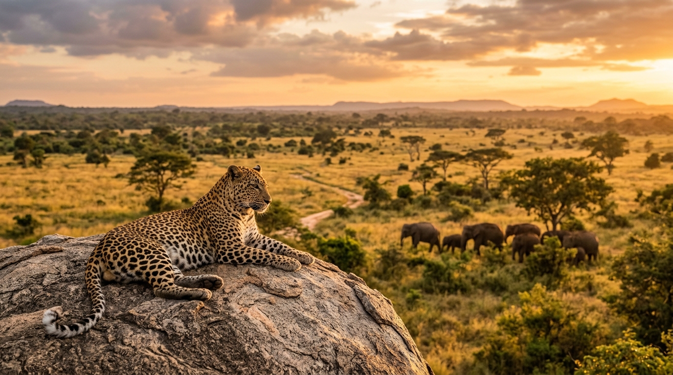Untamed golden savanna wilderness and leopard tracking